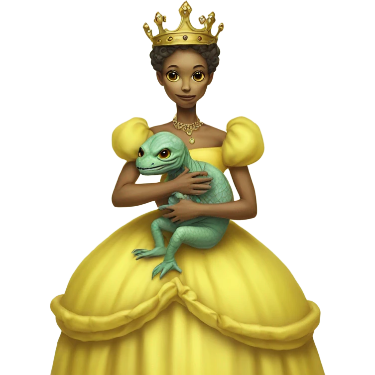  Reptilian alien woman, full body, in victorian jellow elegant dress, have a crown,holds a newborn humman baby emoji