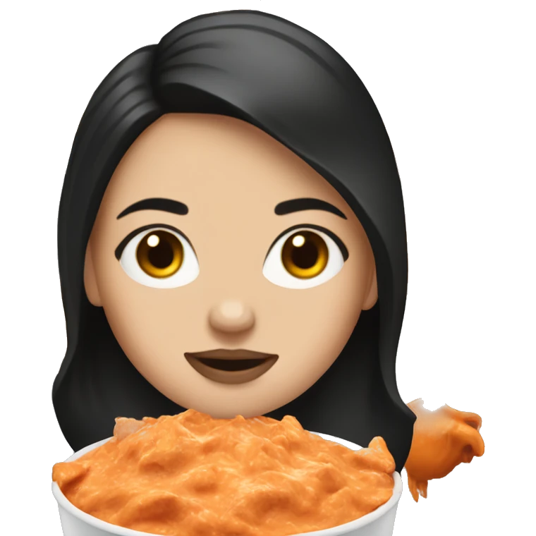 white girl with dark hair holding buffalo chicken dip  emoji