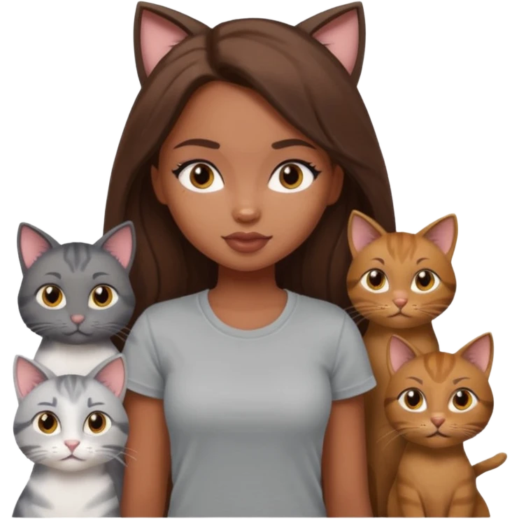a pretty bratz dusky girl with long brown hair with six cats nd wearing a grey tshirt emoji