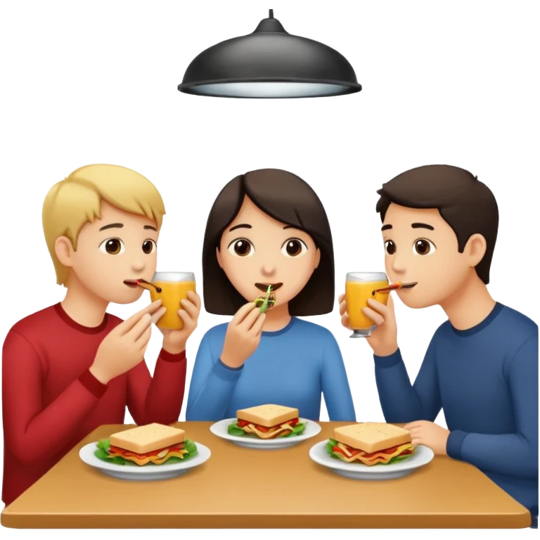 friends eating lunch, face each other, indoor, three people emoji