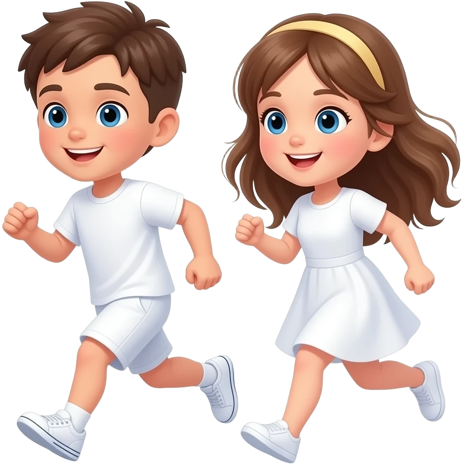 chico grande y chica grande corriendo, vestidos de blanco el chico castanyo i con pelo corto y la chica pelo suelto y un poco rubia pero castaño y los dos tienen ojos azules son hermanos emoji