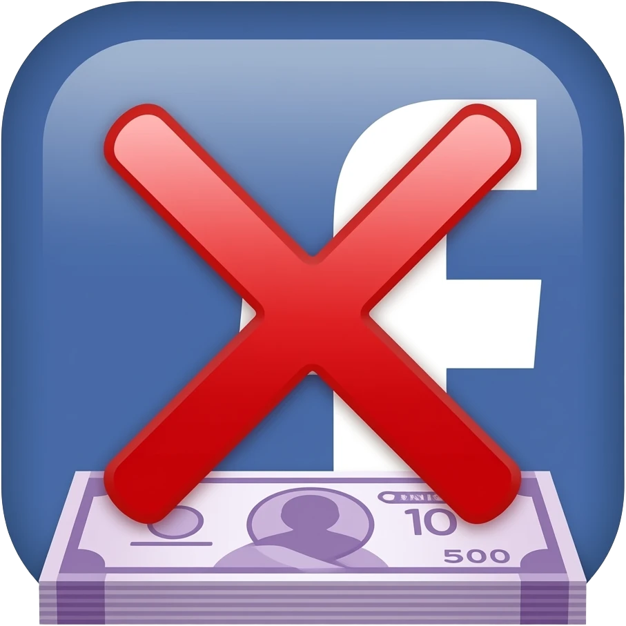 facebook logo with red "x" emoji mark and 500 bank note on botoom emoji