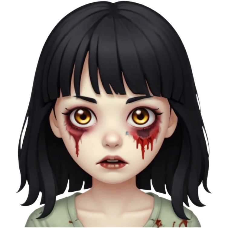 Zombie girl, black hair with bangs, slightly wavy,long hair,long eyelashes, black eyes,iOS style emoji