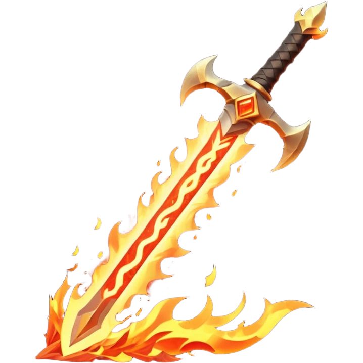 fire guardian sword object icon, flaming blade, glowing lava runes, ember sparks, fantasy weapon, 3D cartoon, mobile game icon style, centered, clean background, no text, no watermark
 emoji