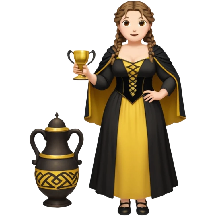 Helga Hufflepuff,brown-haired,2 braids,yellow-black medieval open dress,deep neckline,fat macromastia,black cloak decorated with gold braiding,gold cup with two handles,very kind smile,curvy busty sweet woman,round rosy cheeks,full length with medieval shoes emoji