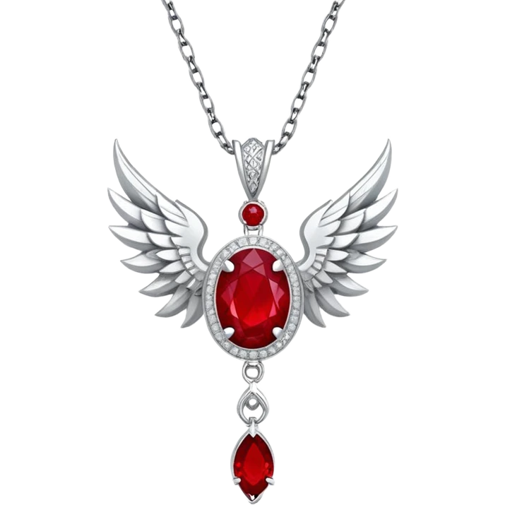 phoenix-inspired ruby pendant, deep red with a pulse of light, silver chain and white stone halo emoji