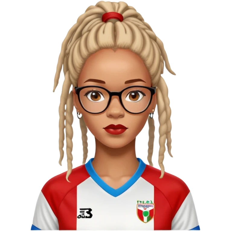 Rihanna freckles on nose and soccer woman dreadlocks Anguilla red and white jersey and cateye eyeglasses emoji