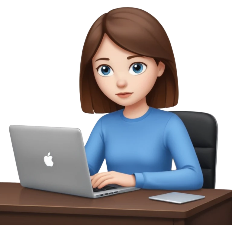 girl with blue eyes and brown hair, white skin, focused on her laptop, modern workspace emoji