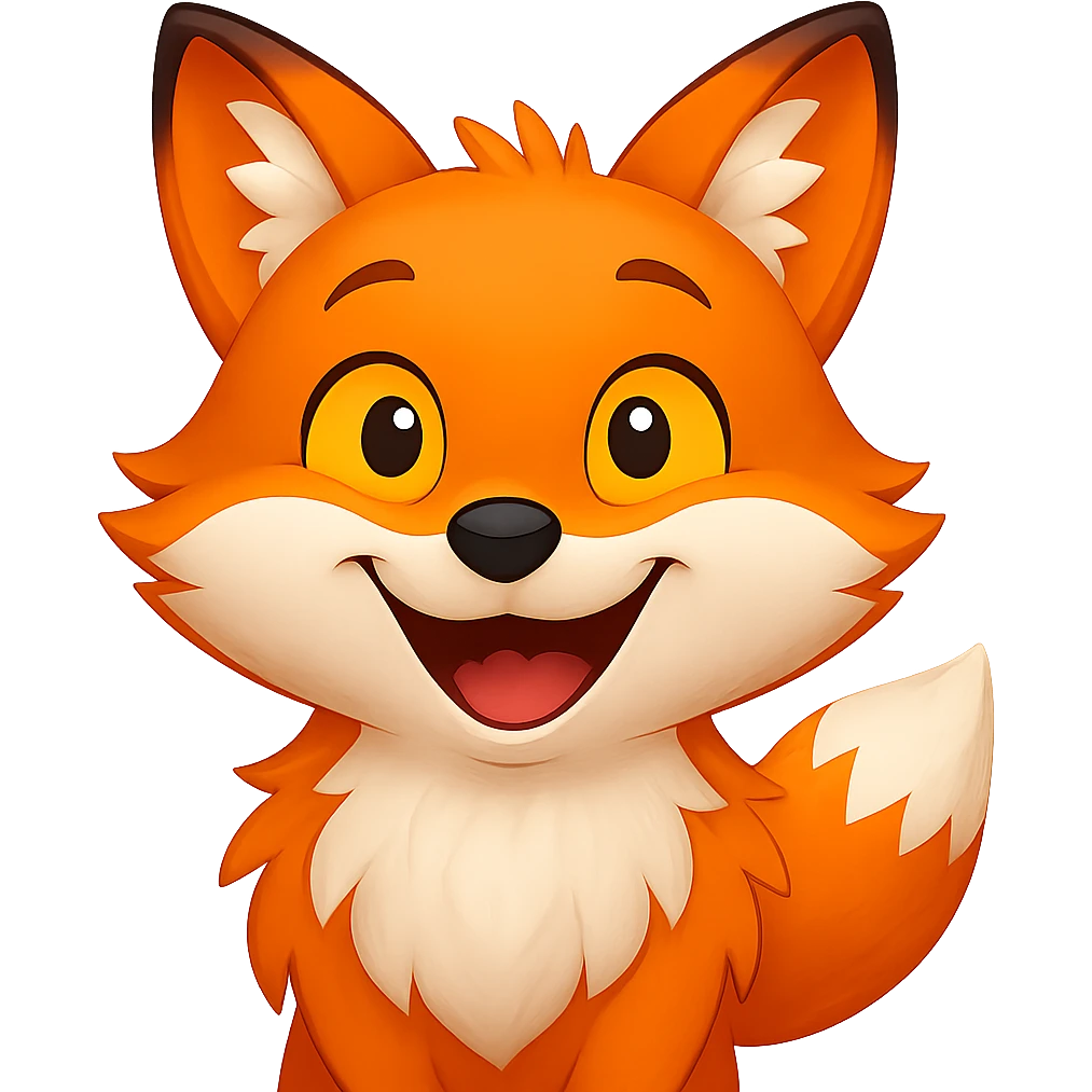 A 2D cartoon fox emoji with a happy expression, smiling and showing joy, with yellow eyes. emoji