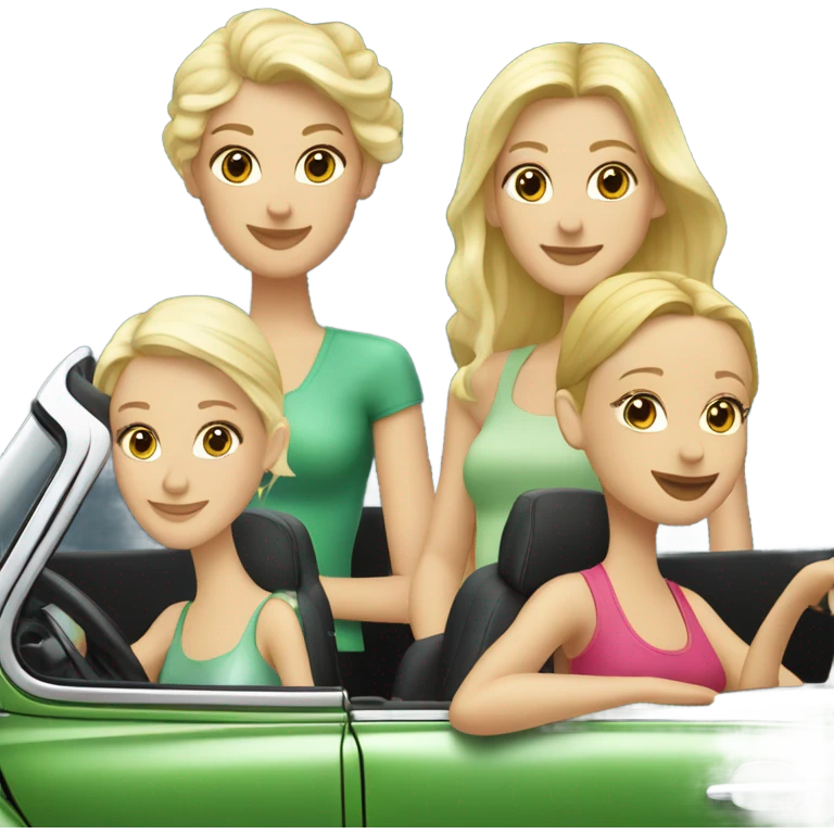 Two Caucasian blonde girls and two Caucasian brunette girls in a green VW beetle convertible emoji