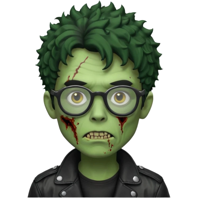 Hombre zombie de piel verde con chaqueta de cuero punk, pelo rizado corto y gafas emoji
