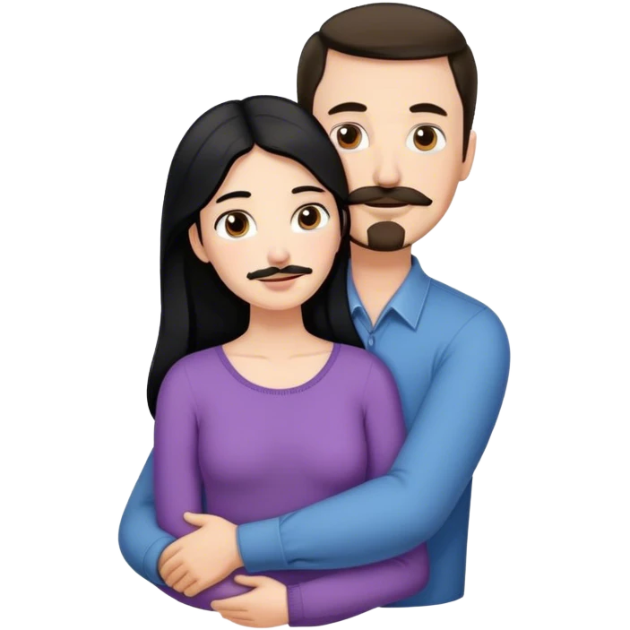 Tall white man with thin dark brown hair mustache and goatee, hugging a short pale woman with long black hair emoji