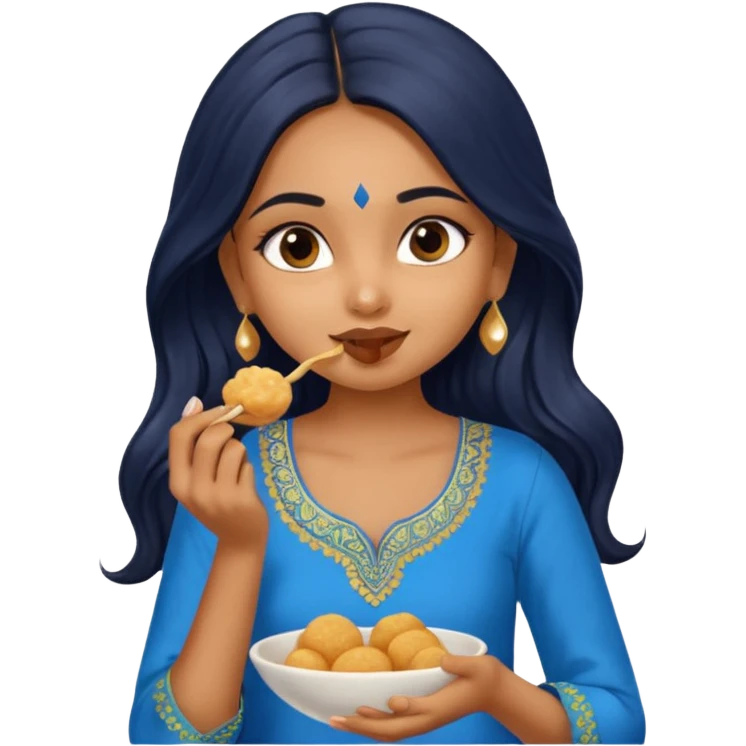 a pretty tan indian bratz girl. eyeliner on, wearing a blue kurti, eating golgappa. NO SPOON. wavy long black hair emoji