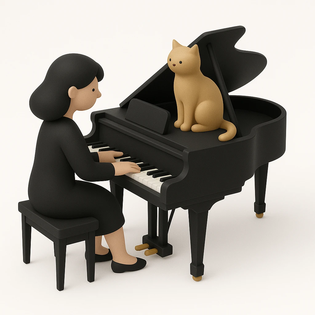 woman playing piano while her cat sits on top of the piano emoji