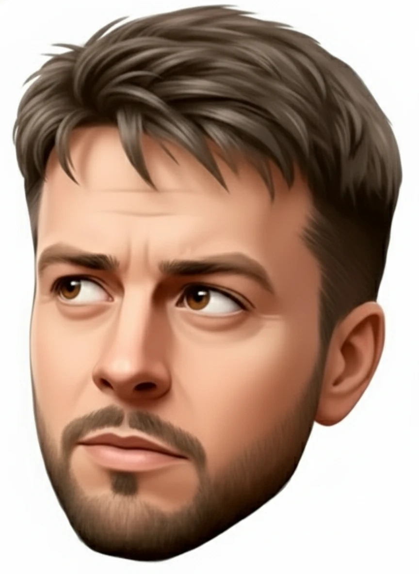 нарисуй точно такого же человека, с такой же эмоцией, но голова повернута в противоположную сторону, пробор на голове как в оригинале, без фона emoji