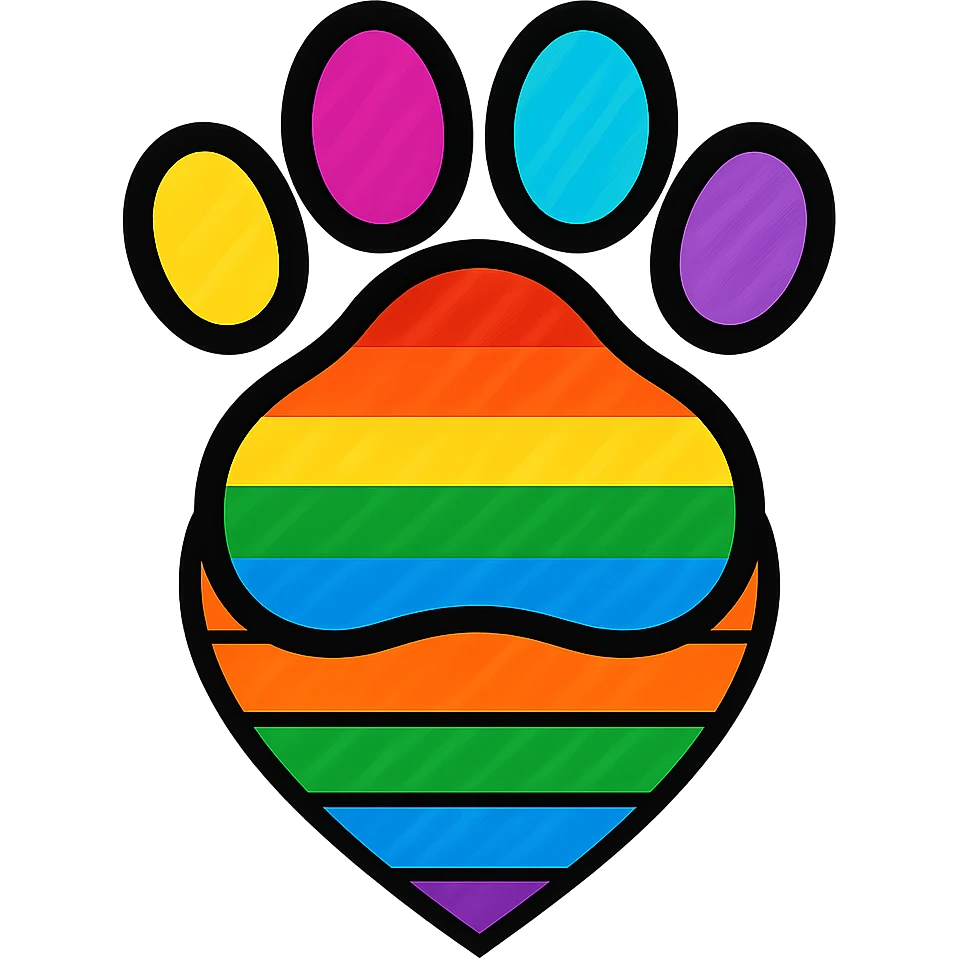 Combine the rainbow pride paw print and the rainbow pride heart by placing the paw on top of the heart. Both should be simple and bold with no background. The style should be clean and vibrant to emphasize the rainbow pride colors. emoji