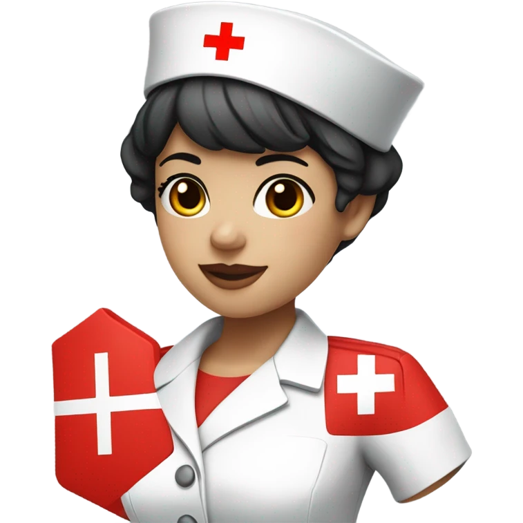 pixie cut black straight hair female nurse  hat with red cross sign in the middle wearing dress
pale skin color emoji
