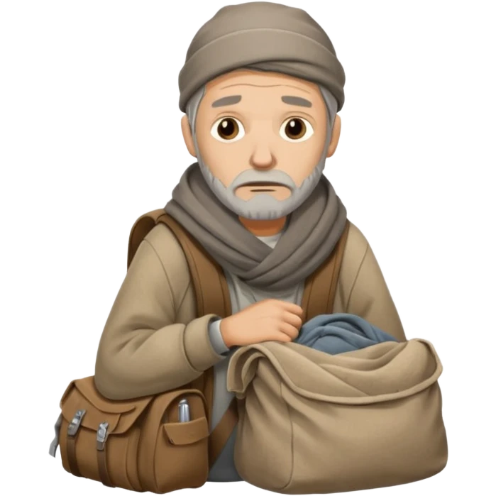A homeless man wrapped in an old blanket, holding a backpack filled with his belongings, expression calm but weary.
 emoji