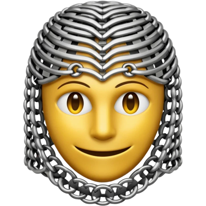 3D render of Medieval Coif, made of interlocking chainmail metal rings, wire mesh texture, visible holes and negative space, metallic silver and grey, high contrast shadows, emoji style, isolated on white background --v 6.0. emoji