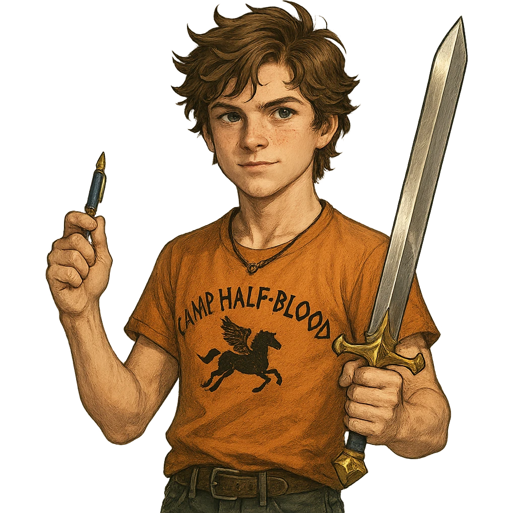 Walker Scobell as Percy Jackson, young teen boy with messy brown hair, wearing a Camp Half-Blood t-shirt, holding a pen that transforms into a sword, confident expression, fantasy adventure vibe emoji