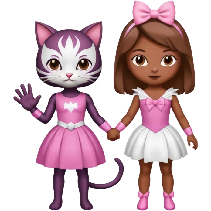 A spider-themed superhero character holding hands with a cute white cat character in a pink dress and a pink bow emoji