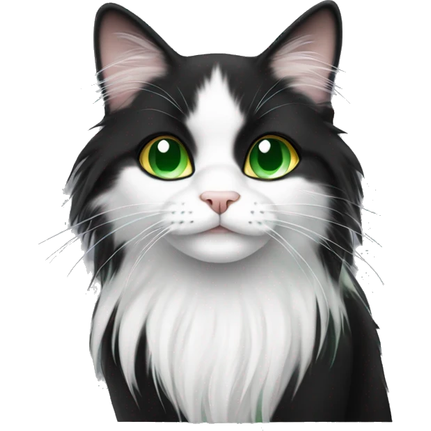 Long hair, black, and white cat with green eyes emoji