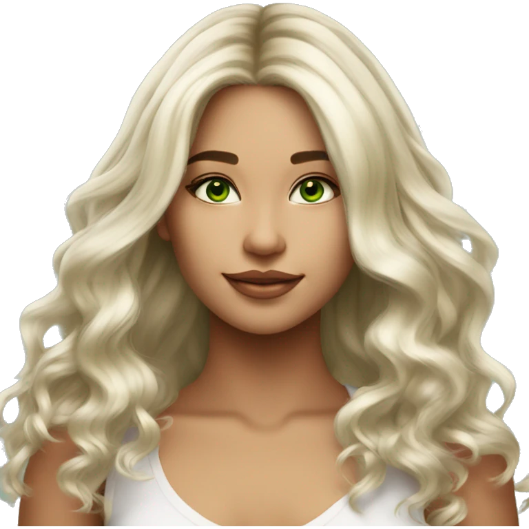 Girl, platinum blonde balayage hair, long hair, bright green eyes, tan skin emoji