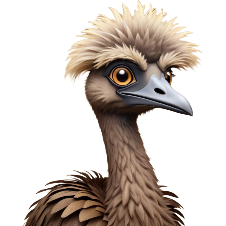 Cinematic Noble Emu Portrait Emoji, Poised and regal, with a tall, slender build and a shaggy, well-groomed fur of earthy brown feathers, a long elegant neck and deep-set soulful eyes, Simplified yet sharp and sophisticated features, highly detailed, glowing with a soft, dignified glow, high shine, intelligent and stately, stylized with an air of outback majesty, focused and attentive, soft glowing outline, capturing the essence of a watchful and confident bird, so majestic it feels as though it could stride out of the screen with effortless authority! emoji