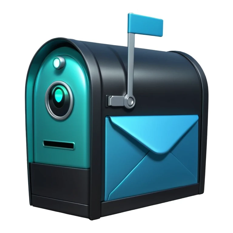 green mailbox robot, futuristic style, black background, glowing details, white envelope with code inside, modern tech aesthetic
 emoji