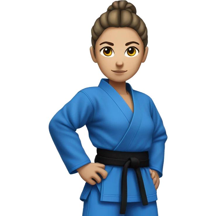 female judo athlete all blue robe with black belt, serious face, hair in a bun. Plus sided, full body emoji