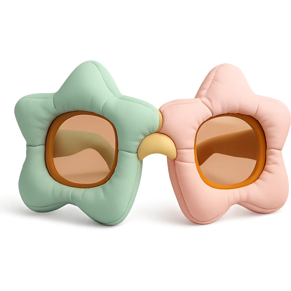 plush cushion sunglasses, stylized and soft, playful colors emoji