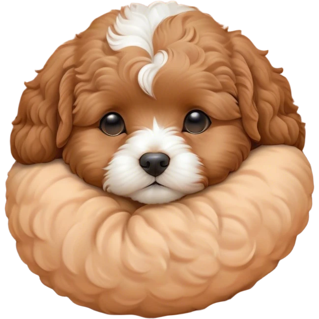 Cinematic cute Sleeping Cavoodle Portrait Emoji, cute and serene, with a round, cuddly build and a soft, curly apricot coat with subtle white patches, eyes gently closed in peaceful slumber, Simplified yet irresistibly endearing features, highly detailed, glowing with a gentle, dreamy glow, high shine, relaxed and content, stylized with a touch of whimsy, bright and heartwarming, soft glowing outline, capturing the essence of a blissfully sleepy companion, so comically serene it feels like it could roll out of the screen and snore with adorable charm! emoji