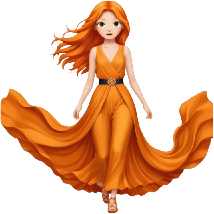 as un mujer de cabbelo anarangado con ropa bonita modelando en una pasarela pero que tenga cabello largo y que se vea la pasarela emoji