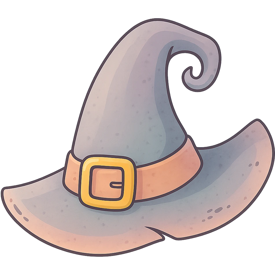 Edit the witch hat to be crooked with a buckle and ribbon, volumetric with detailed shadows and highlights, textured with thin clean contours and soft rounded shapes. Use a pastel palette including #98B5BC, #B5B3C1, #C9A3C9, #E4C0CA, #F7DCD1, #F7C0AA. Style it in modern Japanese pop-art and sticker aesthetics with soft lighting and transparent background. emoji