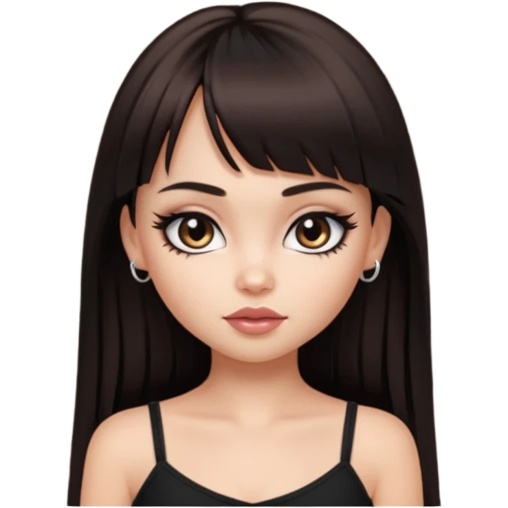 generate a pretty bratz girl in black cami top, dark brown straight long hair with bangs, eyeliner on. dark brown eyes emoji