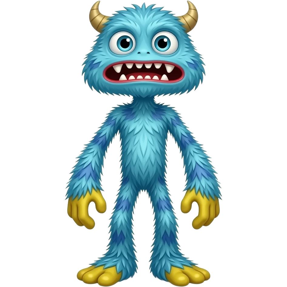 Monstro peludo azul, alto e magro,COM ROSTO TRIANGULAR INVERTIDO , olhos grandes, lábios vermelhos e dentes afiados. Tem mãos e pés grandes amarelos, membros longos, torso visível, pelos azuis desgrenhados em estilo cartoon e expressão assustadoramente divertida. emoji