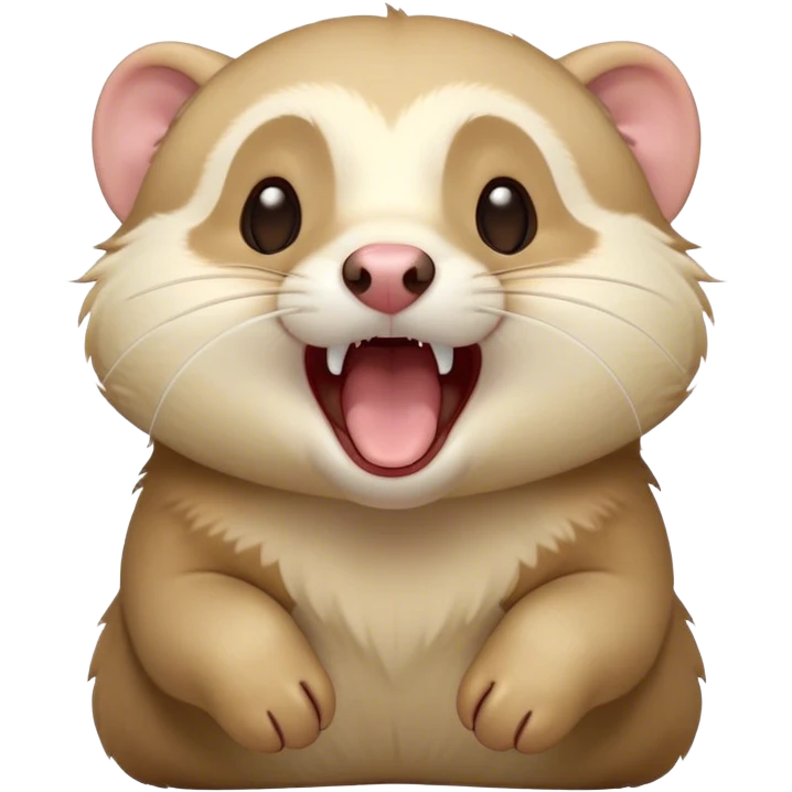 Cinematic Cute Yawning Ferret Portrait Emoji, Head tilted slightly with an exaggerated, wide-open yawn, showcasing a long, flexible body with a plush coat in soft brown and cream, droopy, drowsy eyes, and a relaxed expression, Simplified yet irresistibly endearing features, highly detailed, glowing with a soft, cozy natural glow, high shine, relaxed yet expressive, stylized with a dash of whimsical charm, soft glowing outline, capturing the essence of a sleepy yet affectionate ferret that seems ready to curl up for a nap! emoji