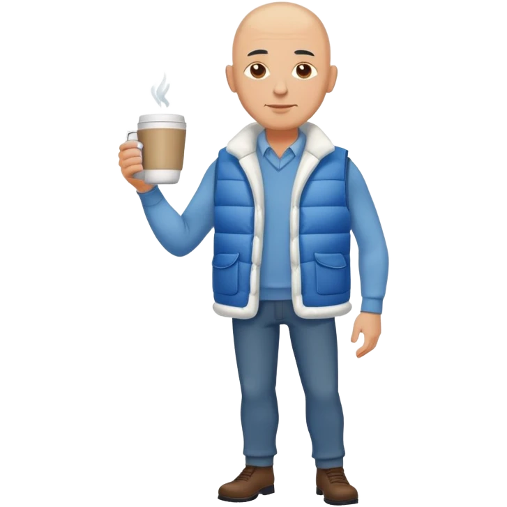 full body bald man wearing long sleeve white shirt with blue puffy winter vest holding a cup of coffee in front of him  emoji