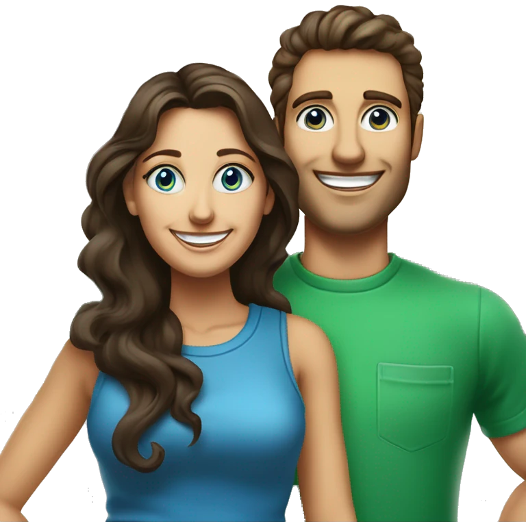 Woman with blue eyes and dark brown long wavy straight hair smiling standing next to a man with short but curly on top dark brown hair and blue/green colored together posing for a picture to put onto their flyer for their address curb painting service  emoji