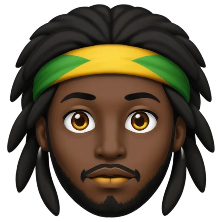 a man with black skin, black hair, black eyes, black eyebrows, black nose, brown lips, and rasta hair, apple emoji style, no text, facing forward emoji