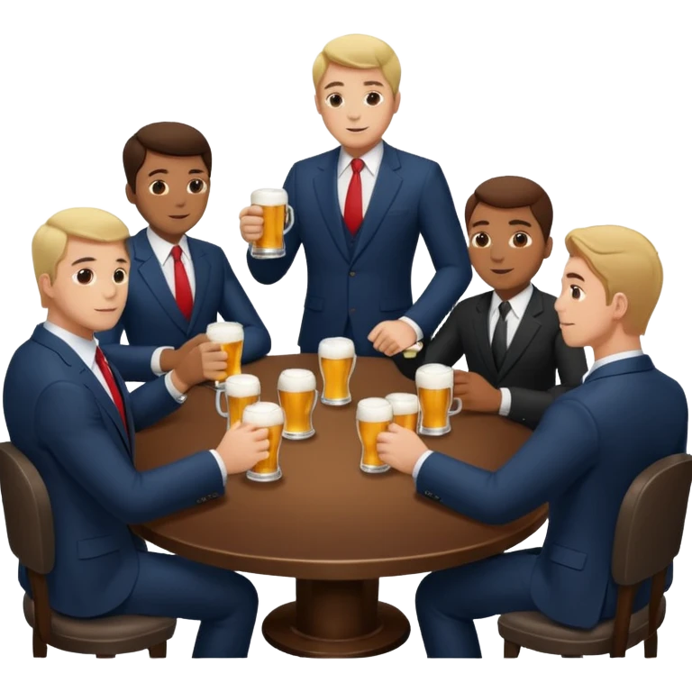 a business meeting of serious businessmen in suits at a round table, drinking beer. emoji