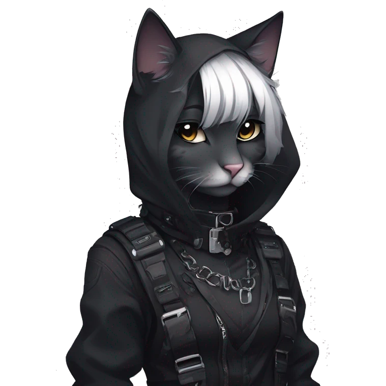 Gorgeous gothic dark techwear anime style anthro cat with blushing face aesthetic and pretty edgy black with collar and harness trending style emoji