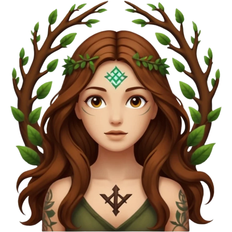 idea moment forest woman long wavy brown hair tattoos glowing rune above head emoji