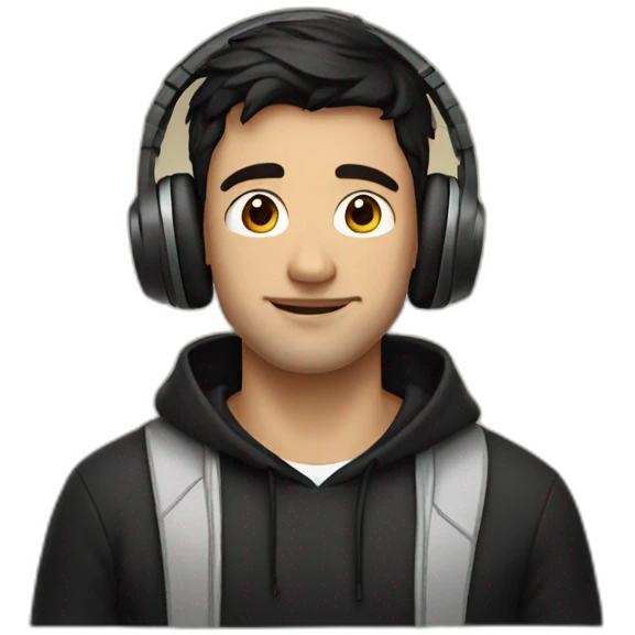 a handsome guy with dark hair in a black hoodie and headphones emoji