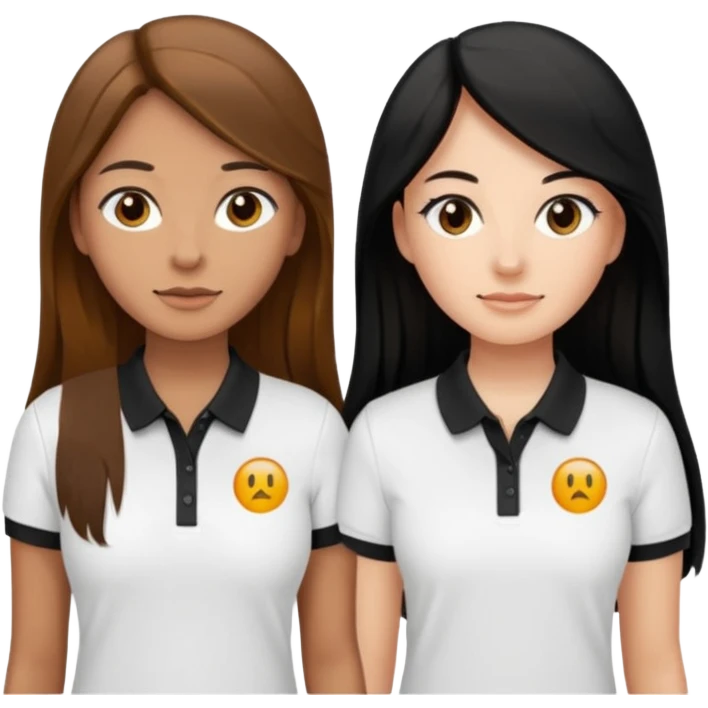 Dos mujeres juntas que una sea de color trigueña cabello largo castaño con una raya en medio polo blanco y de color blanca cabello largo negro polo negro, emoji