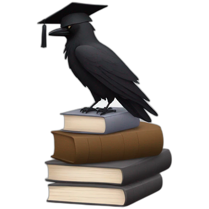 raven in student cap with a stack of gray and brown books emoji