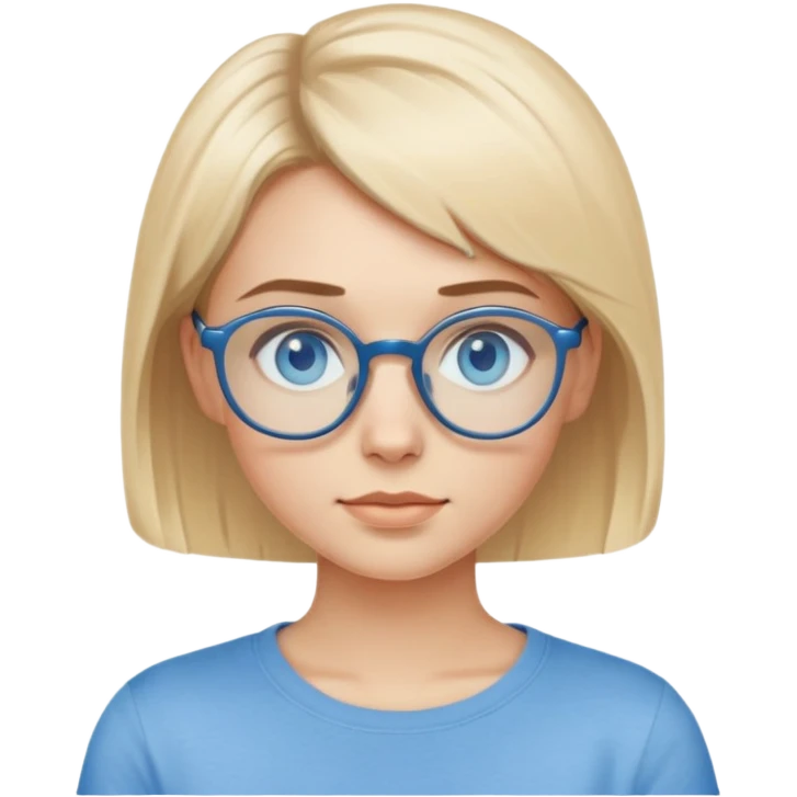 blonde girl with short haircut, blue eyes, beige T-shirt and blue eyes wearing rounded glasses emoji