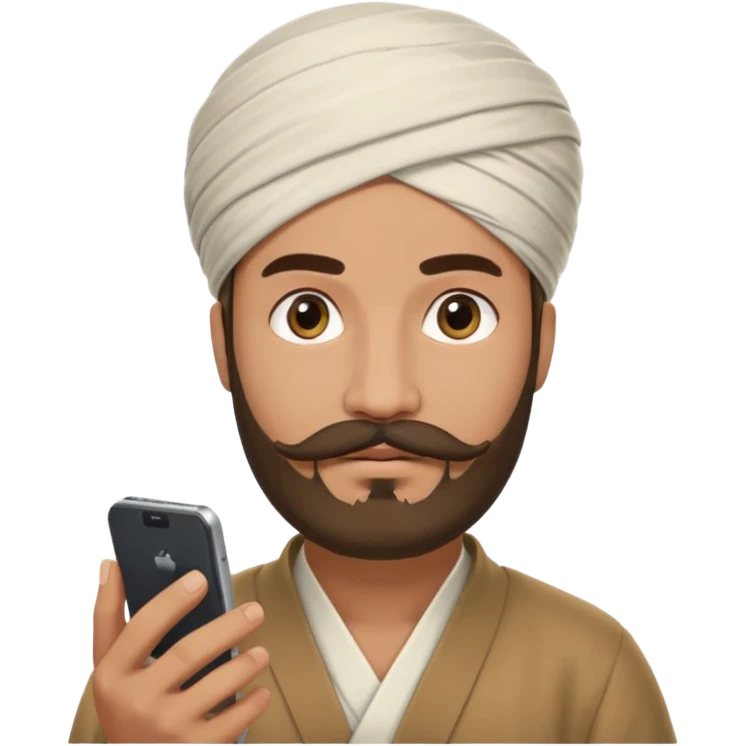 A man wearing imama sharif (traditional turban), with a beard and moustache, using a smartphone. The man looks focused while using the mobile. Realistic emoji-style illustration with soft lighting and warm tone emoji