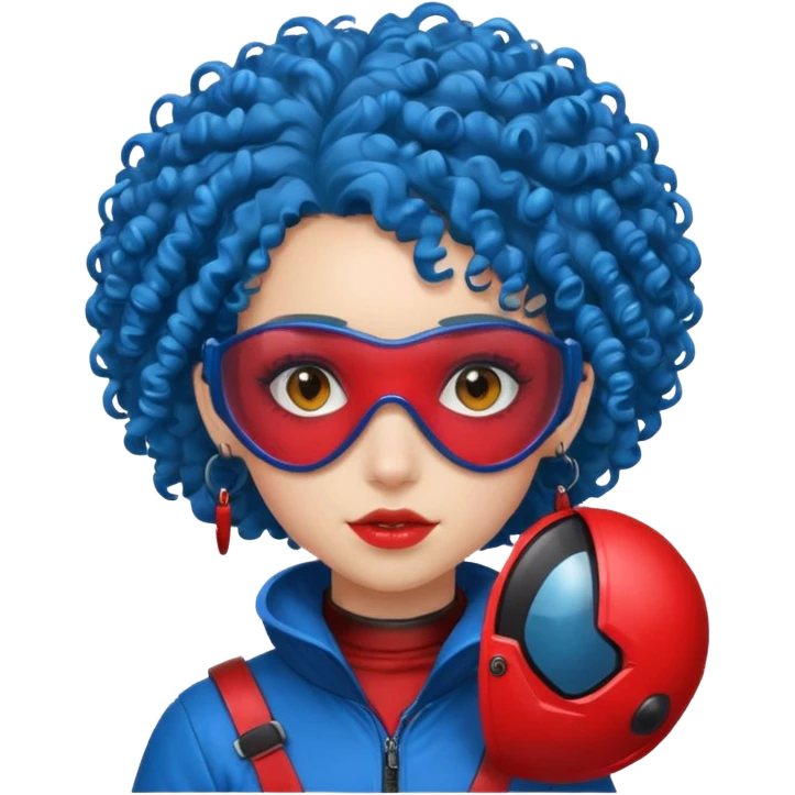 blue curly haired girl with huge earrings wearing red paintball helmet and eye protection, only face  emoji