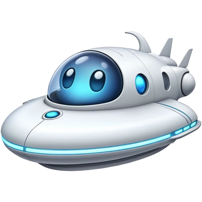 Design a simple, friendly spaceship with a smooth, rounded shape. Add a clear 'face' on the front using glowing lights for eyes and a curved line for a smile, giving it personality. Use a plain background to keep the focus on the ship emoji